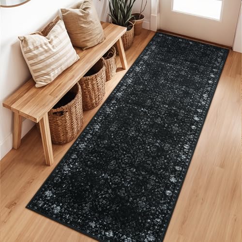 Hedlive Vintage Black Kitchen Runner Rug 2x6 Washable Runners for Hallways Non Slip Ultra-Thin Floor Carpet Runners for Hallway 6 ft Entryway Laundry Bedroom Bathroom(2x6 Black)