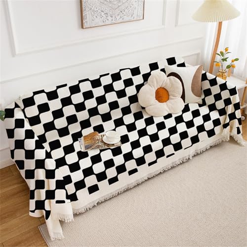 Funda reversible antideslizante para sofá de 14 plazas, color blanco y negro, colcha multiuso, para 180 x 280 cm (patrón de cuadrícula)