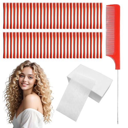 160PCS Perm Kit with 60 Perming Rods Rat Tail Comb Red 100 Perm Papers Suitable for Hairdressing Styling Supplies for Long and Short Hair or DIY Red