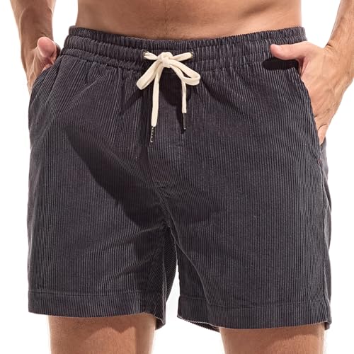 Amy Coulee Cord Shorts Herren Baumwolle 5 5 Cordhose Kurz Elastischem Bund Kordelzug Kurze Hosen Cord Freizeit Shorts Sommer mit Taschen (Dunkel Grau L)