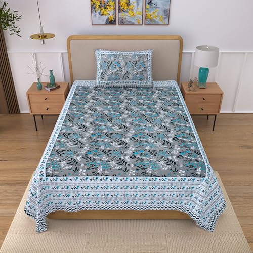 Image of 100% Cotton Single Bedsheet with 1 Pillow Cover | 240 TC Pure Cotton Flat Bed Sheet | Traditional Jaipuri Printed Bedding Set | Soft & Breathable | 60 x 90 Inch (Rangmahal Single 23)
