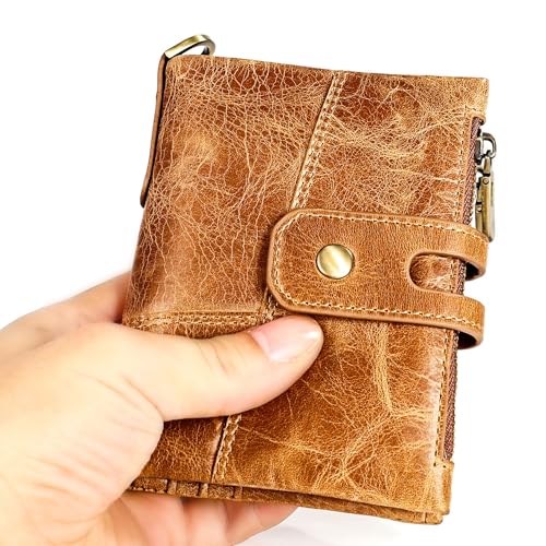 Small Wallet Women Leather Chain Compact Card Holder Zipper Pocket Wallet RFID Blocking Card Case Purse with ID Window(brown)3