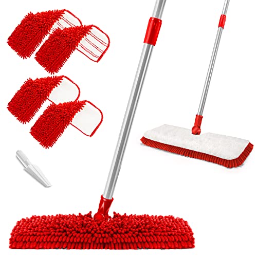 MASTERTOP Microfiber Mop for Floor Cleaning, Hardwood Dust Mop, Wet Mopping with 4 Washable Replacement Mop Pads, Floor Mop for Cleaning with 1 Scraper- White & Red