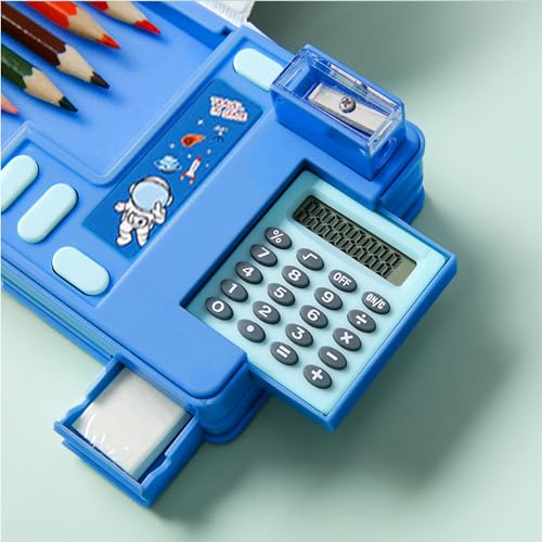 Image of Pop Up Multifunction Pencil Case, Cute Cartoon Pen Box Organizer Stationery with Calculators, Sharpener, Schedule, School Supplies, Best Birthday Gifts for Kids Teens (Blue)