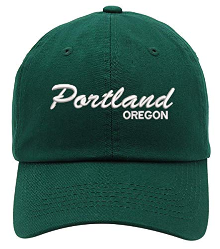 Portland Oregon Script Embroidered Low Profile Soft Crown Unisex Baseball Dad Hat Forest Green