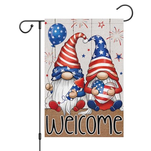 Wodison 4th of July Garden Flag 12x18 Double Sided Vertical Small Burlap Welcome Patriotic Gnome Independence Day Memorial Day Yard Outdoor Decoration