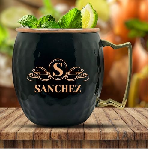 Personalized Custom Copper Moscow Mule with Hammered Painted Finish - Engraved Bar Style 100% Copper Cup with Custom Ribbon Initial Family Monogram Engraving, Brass Handle | 18 oz, Black