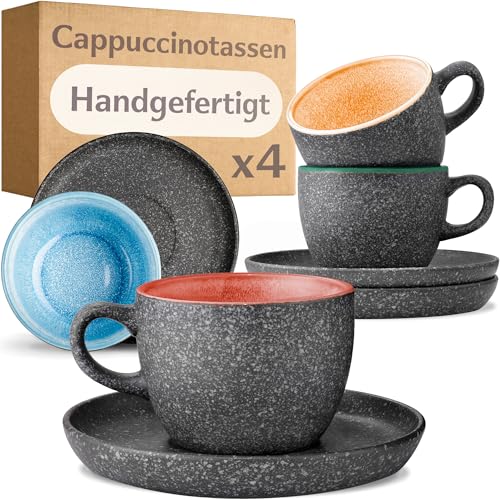 Cosumy Cappuccino Tassen mit Untertassen 4er Set - 200ml Kaffeetassen aus Keramik - 𝗗𝗶𝗰𝗸𝘄𝗮𝗻𝗱𝗶𝗴𝗲𝘀 Steingut - Handgefertigte Reaktiver Glasur Bunt - Hält Lange Warm