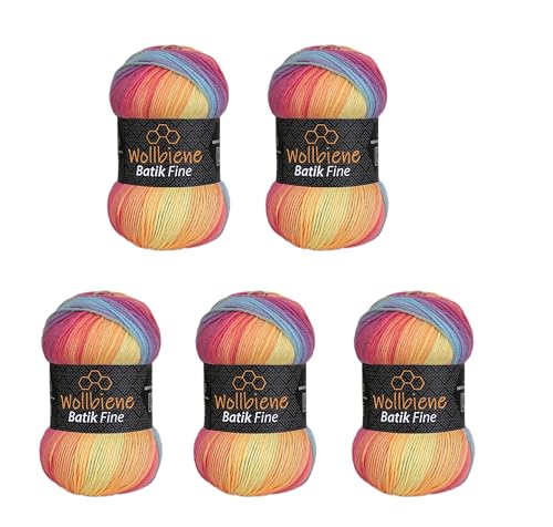 Wollbiene Batik Fine Lot de 5 pelotes de laine de 100 g pour tricot et crochet (500 g) Multicolore...