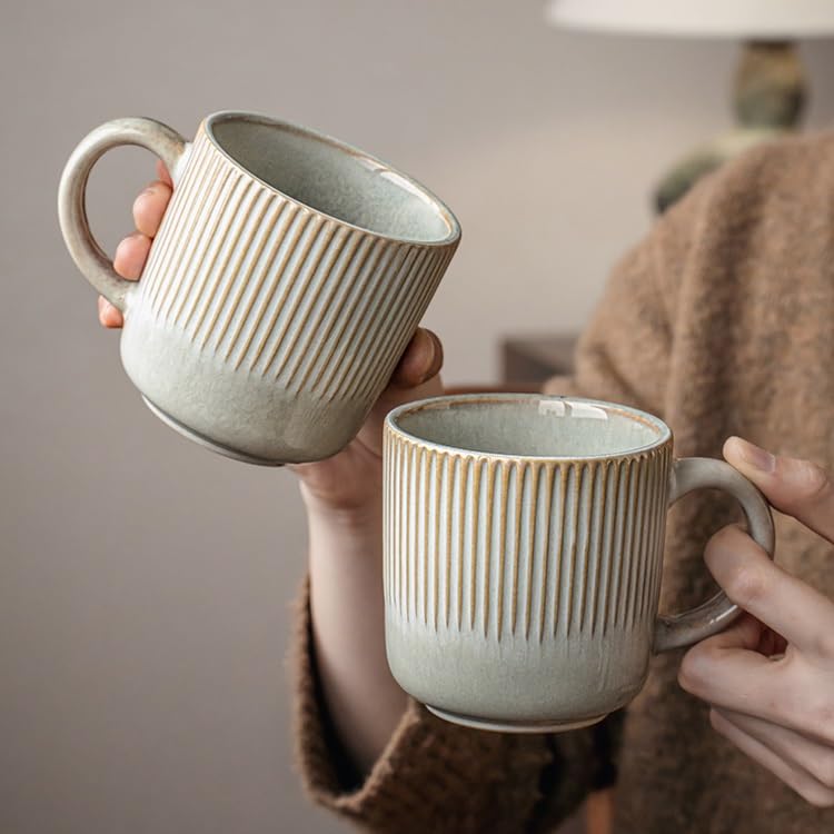 ENGENDER Tazas Cafe Taza de cerámica for café y Leche Estilo Retro 360 ​​ml con Relieve Vertical, Ligeros Defectos Mug Cups(360ml*2)