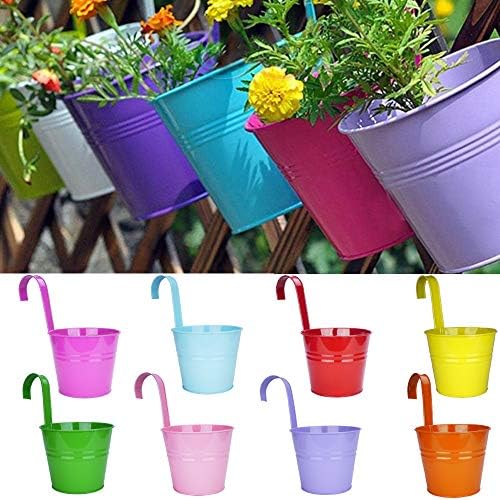 LOVOUS® 6.3" x 4.7" x 5.3" Large Iron Hanging Planters Multicolor Flower Pots Balcony Garden Railing Planter, Fence Hanging Metal Bucket Plants Holders Set for Indoor and Outdoor, 8PCS