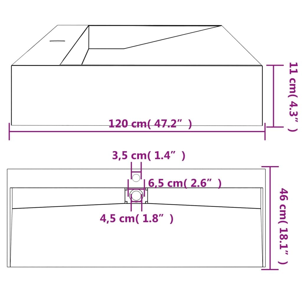 Waschbecken Mineralguss Mattschwarz 120x46x11 cm Aufsatzwaschbecken mit Hahnloch und Ablauf für Badezimmer Gäste WC Wandmontage modernes Design