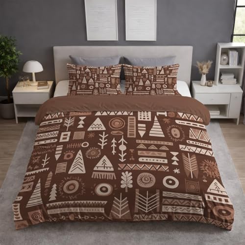 Funda Nordica Cama 180 - Juego de Funda Edredon 260 x 240 cm 3 Piezas + 2 Fundas de Almohada 50 x 75 cm, Ropa de Cama Microfibra Suave Transpirable, Marrón, Geométrico Símbolos Tribal