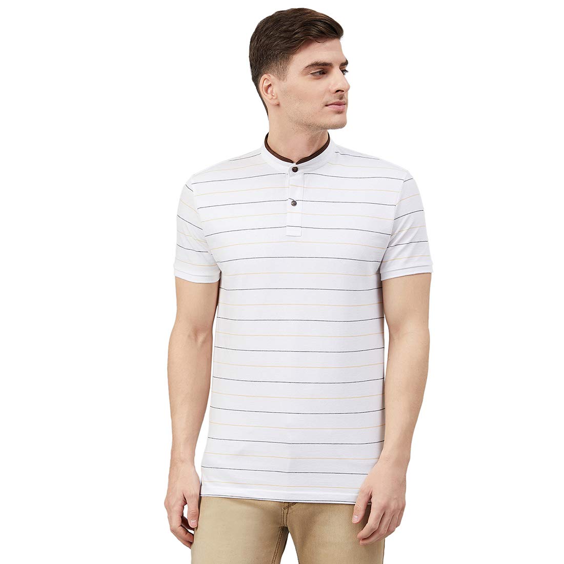 FAHRENHEITMen's Striped Stand-Up Collar Polo T-Shirt