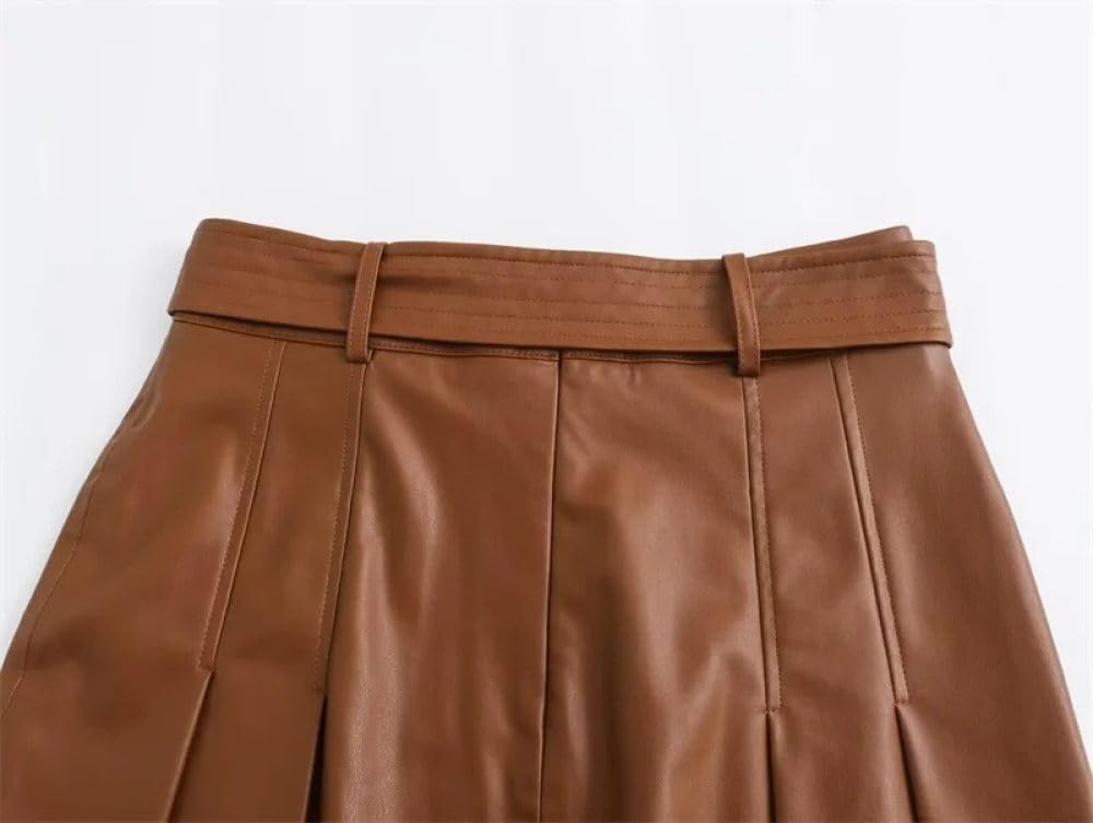 SWEPER Jupe Courte Femme - Mini Jupe Plissée en Cuir pour Femmes, Rétro Américain avec Ceinture, Slim, Ligne A, Couleur Unie, Au-Dessus du Genou, Hiver