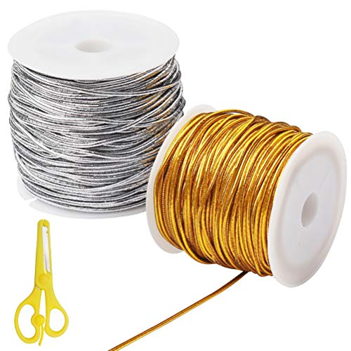 pengxiaomei 2 Rolls Craft Gift Wrap Cord,Metallic Tinsel Cord Rope for Craft Making Gift Wrapping,Gold Tinsel Cord for Crafts 25m/82ft Gold 1mm with One Scissors