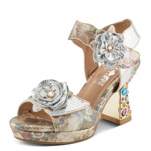 Spring Step L'Artiste Women's SMASHING Metallic Leather Sandals - Opulent Decorative Flowers, Sculpted Jewel Heel, Wearable Art Footwear