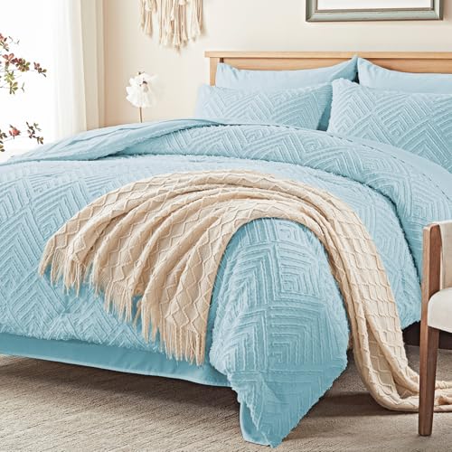 Image of Zzlpp Full Comforter Set 7 Pieces, Light Blue Tufted Bed in a Bag with Comforter and Sheets, All Season Boho Bedding Sets with Comforter, 2 Pillow Shams, 2 Pillowcases, 1 Flat Sheet, 1 Fitted Sheet