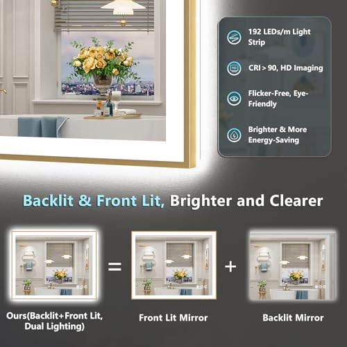 Image of 44x36 Gold LED Bathroom Mirror with Lights, Backlit & Front Lit | Brushed Gold Framed, Anti-Fog Lighted Vanity Mirror, Dimmable, 3-Color Temp, Memory, CRI95, HD Tempered Glass, UL Listed