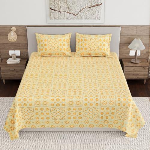 Image of Living Roots Ethnic Jaipur Block Print Double Cotton Bedsheet & 2 Pillow Covers, for Mattress Upto 6 inches Thick, No Colour Bleeding, Yellow Colour, King Size 90 * 108 inches, 120TC (612-A)