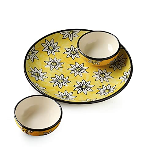Image of ExclusiveLane 'Californian Sunflowers' Handpainted Ceramic Plates for Dinner Set Ceramic Dinner Plate with Katoris & Ceramic Bowl (3 Pieces, Serving for 1, Dishwasher & Microwave Safe)