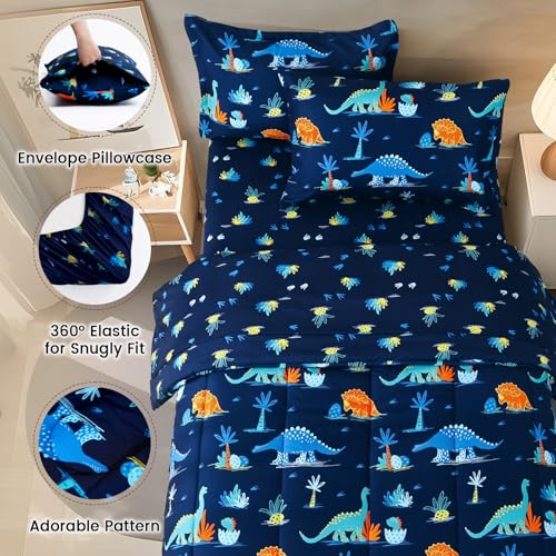Image of david's kids 5 Piece Twin Comforter Set - Soft Breathable Bedding Twin Set for Boys Girls, Includes Quilted Comforter, Flat Sheet, Fitted Sheet, Pillowcase and Pillowsham, Dinosaur Navy