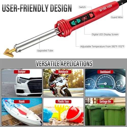 Image of 150W LED Digital Adjustable Temperature Plastic Welder, 3 IN 1 Welding Kit with 70PCS Rods, 3 Tips Welder Soldering Iron Kit, Plastic Repair Kit for Car Bumper /Kayaks,etc (Red)