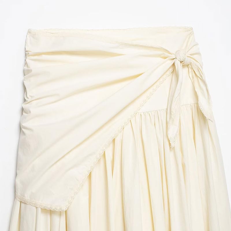 Women's Cream Knotted Wrap Midi Skirt, High Waist Flowy A-Line Casual Summer Skirt