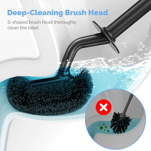 Image of HAMITOR Toilet Bowl Brush Holder Set: Curved Design with Holder for Deep Cleaning Under Rim - Compact Hidden Scrubber for Small Space - Modern RV Bathroom Accessories - Black
