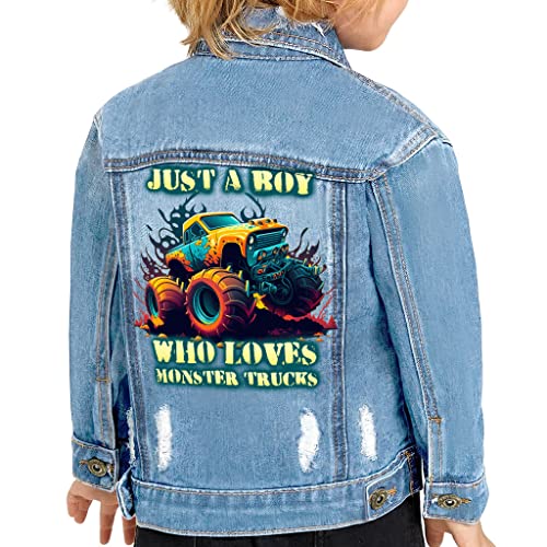 Just a Boy Toddler Denim Jacket - Trucks Fan Jean Jacket - Cartoon Denim Jacket for Kids