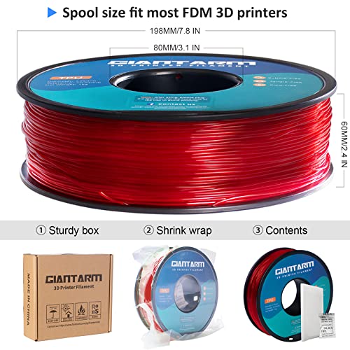 Image of GIANTARM TPU Filament 1.75mm Flexible Soft 3D Printer Consumables Red,95A 1kg Spool (2.2 lbs.), Dimensional Accuracy + /- 0.05 mm