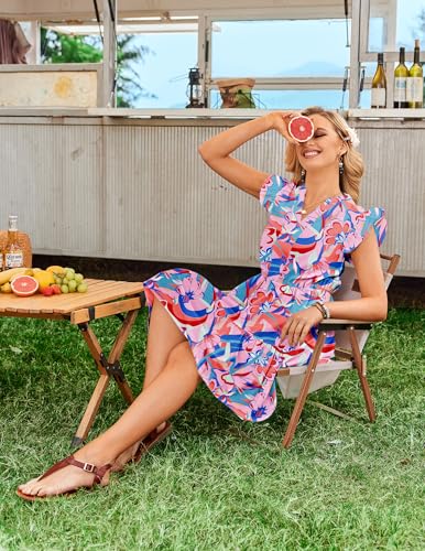 Image of HOTOUCH Women Printed Dress for Summer Short Ruffle Sleeve Dress Tiered Mini Dress with Pockets