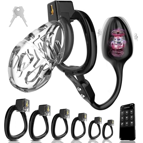 Peniskäfig Chastity Cage Männer Keuschheitskäfig Herren Extrem Mit Buttplug APP 9 Vibrationsmodi & 6 Cock Ring Harz Keuschheitsgürtel Cock Cage Sex Spielzeug für die Männer fesseln bondage fetisch(M)