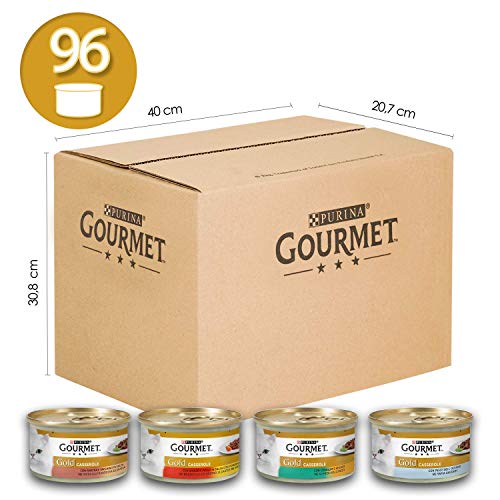 Purina Gourmet Gold Umido Gatto Casserole con Manzo e Pollo, Anatra e Tacchino, Coniglio e Fegato, Pesce dell'Oceano  - 96 Lattine da 85 g Ciascuna (12 Confezioni da 8 x 85 g)