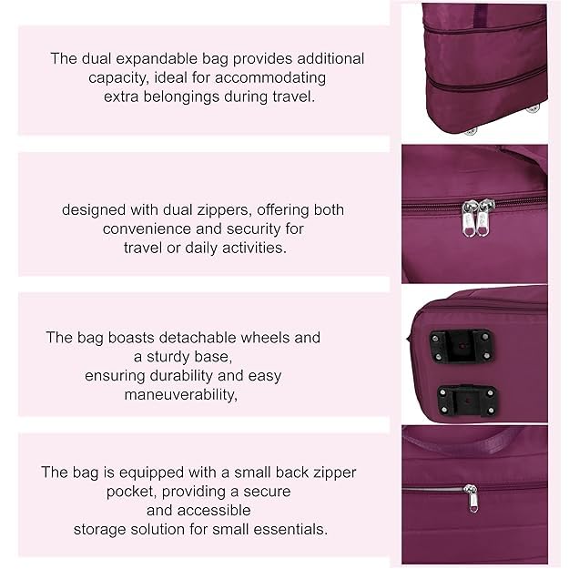TrendyTrolley Travel Duffel Bag with Wheels Expandable Weekender Bag with Trolley Sleeve Waterproof Large Capacity Cabin Luggage for Women & Men Carry On Travel Tote 4