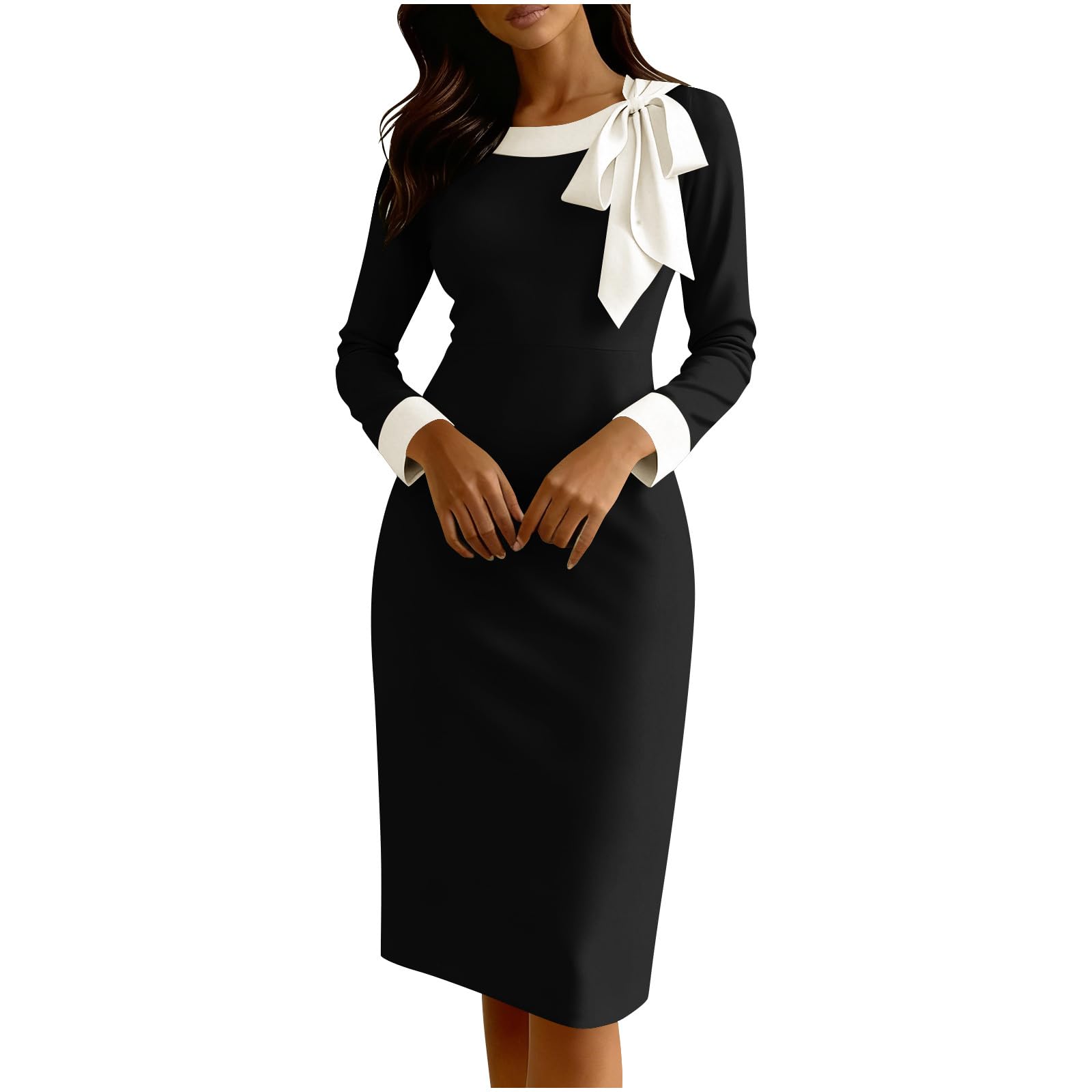 JOAU Womens Bodycon Patchwork Tie Bowknot Neck Pencil Dress Elegant Long Sleeve Slim Fitted Knee Length Church Work