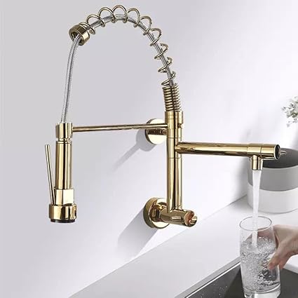 BASSINO Brass Wall-Mount Sink Tap for Kitchen Pullout Sink Tap Faucet Single Lever Kitchen Faucet-Kitchen Water Tap (Gold) (BTT-2110)