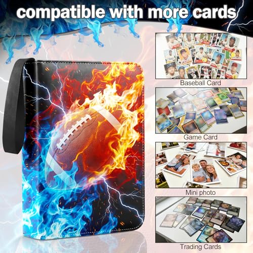 Image of Football Card Binder 4 Pockets Sports Card Binder Holds 400 Cards with 50 Removable Double Sleeves, Portable PU Zipper Trading Card Album, Fits TCG Collectors Boys Girls Gift