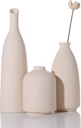 Miniatura 8 de Jarrón de cerámica beige para decoración del hogar, 3 jarrones pequeños para decoración de mesa, florero de decoración de sala de estar, jarrones de