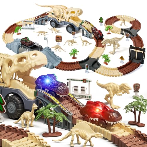 Dinosaurier Spielzeug Rennstrecke, Flexibler Rennbahnen für Kinder 3 4 5 6 Jahre, mit 7 Dinosaurier Figuren, 2 elektrische Fahrzeuge Lichter - Dinosaurier Welt Straße Spielset für Kleinkinder