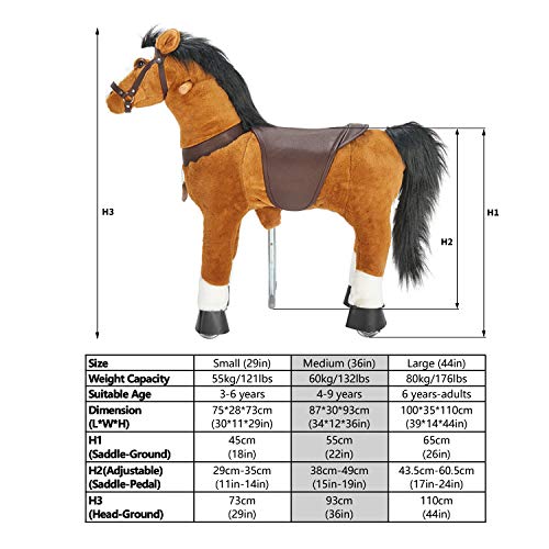 UFREE Horse Action Pony, Ritt auf Spielzeug, mechanisch bewegendes Pferd, Kinderwagen für Kinder von 4 bis 9 Jahren, mittelgroß, Höhe 93 cm (brauner Körper, Schwarze Mähne & Schwanz)