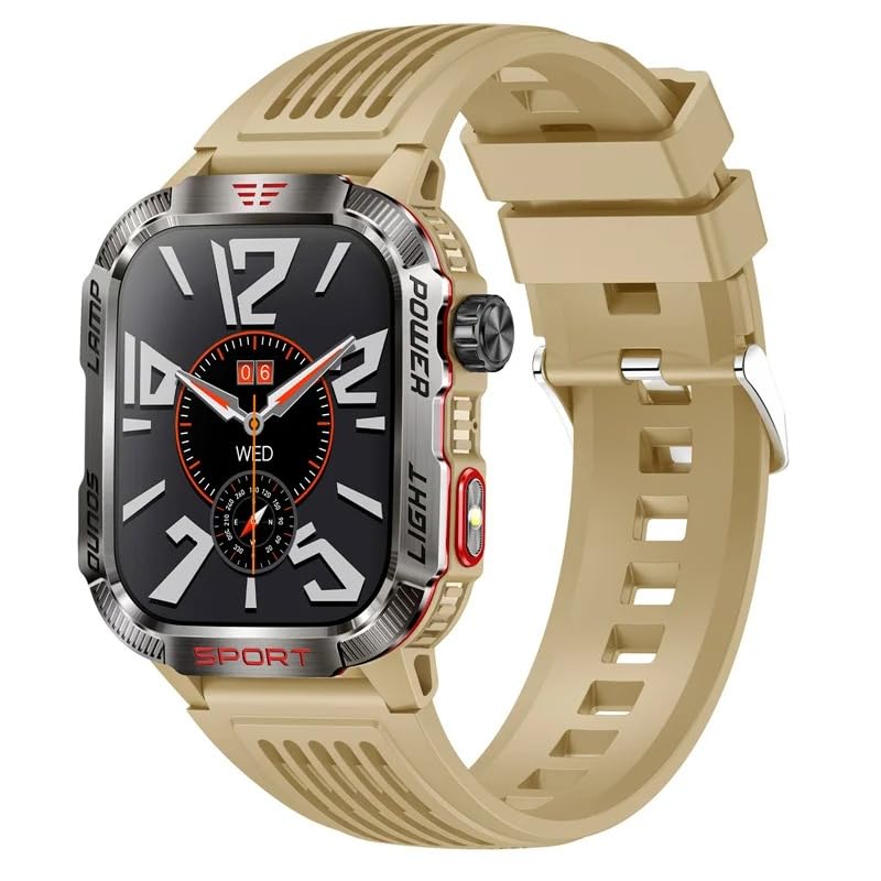 JINSHANGZI HT29 - Reloj inteligente con pantalla grande de 2 pulgadas, BT llamada, frecuencia cardíaca, monitor de salud, deportes al aire libre, asistente de voz AI (caqui)