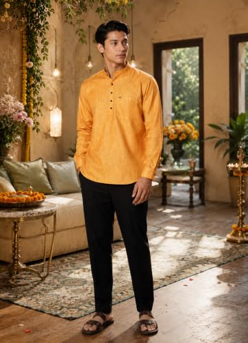 Image of Majestic Man Men's Cotton Blend Textured Regular Fit Full Sleeve Short Kurta