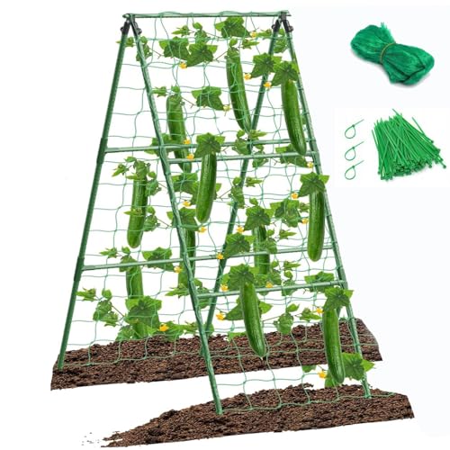 Cucumber Trellis for Raised Bed, Small Foldable A-Frame Garden Trellis for Climbing Plants Outdoor,Plastic-Coated Steel Core for Cucumber Beans and Vine Type Plants ﻿ (Green, 15x47in)