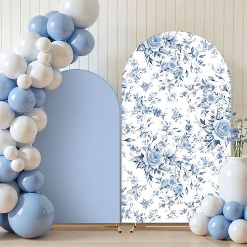 Mindsoft 2 Pcs Blue Flowers Arch Backdrop Cover 6ft and 7.2ft Spandex Stand Cover for Baby in Bloom Baby Shower Birthday Wedding Bridal Shower Party Decorations