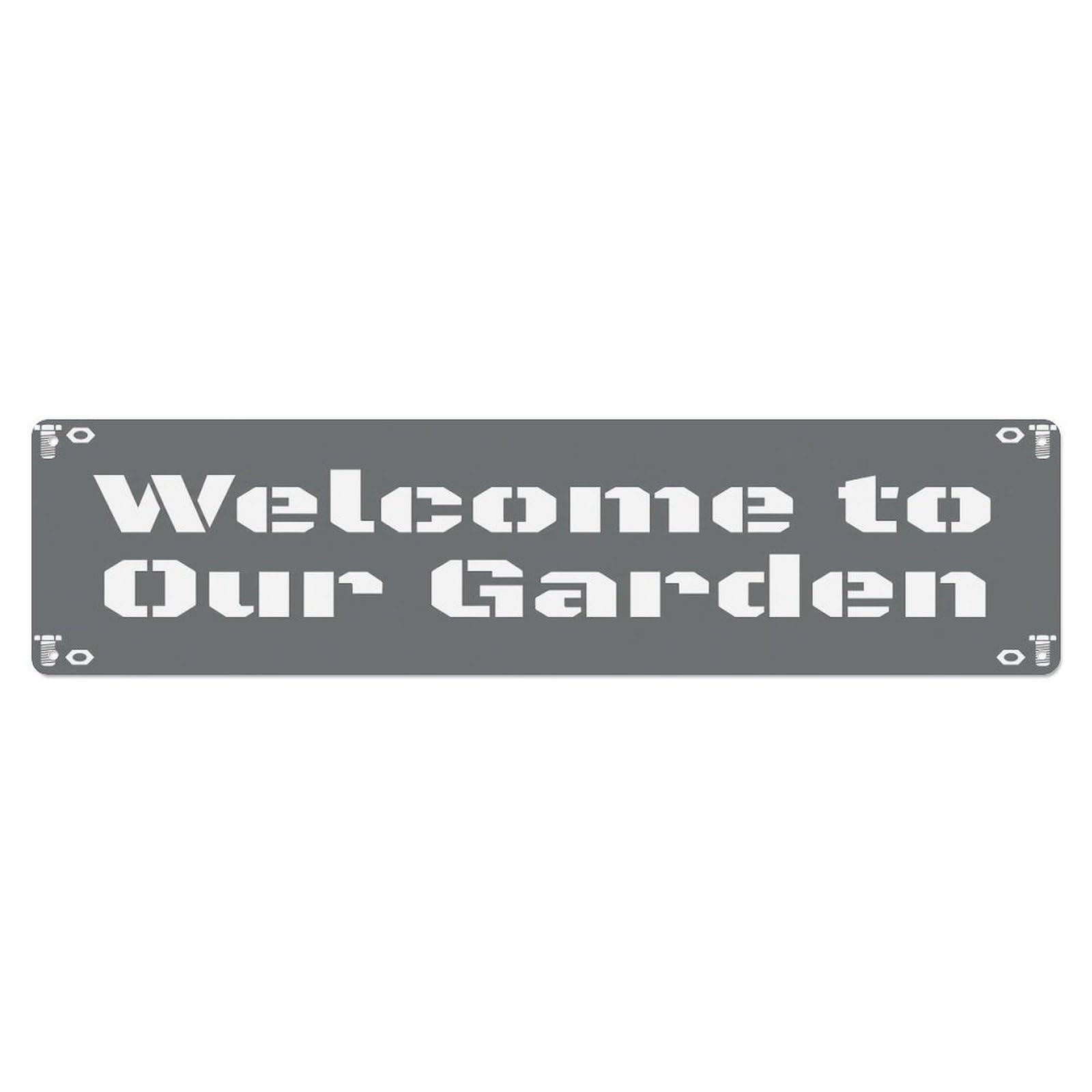 Vintage Welcome to Our Garden Pewter Gray Metal Tin Sign