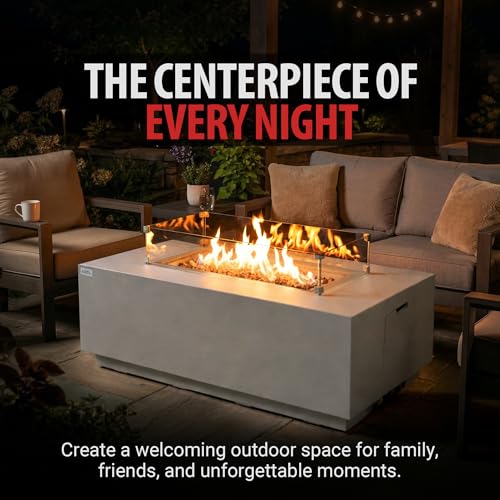 Image of AMS Fireplace Genuine Concrete Rectangular Propane Fire Pit Table for Outside Patio (66 inch Sedona) | Hidden Tank Drawer & Electronic Ignition | w /Bonus Ice Bucket and Rubber Mat (Light Gray)