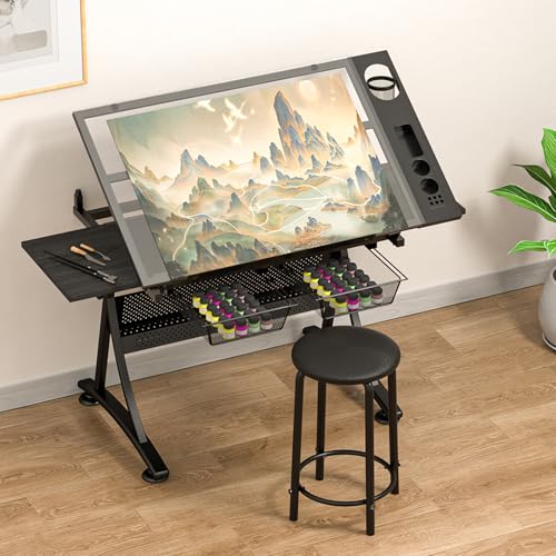 Preescolar, Home Improvement Escritorio de Dibujo, Escritorio de Vidrio de Altura Ajustable con Taburete, Mesa de Dibujo con Estante Lateral y Cajones De Almacenamiento, Adecuado para Leer,...