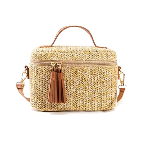 NEWBELLA Bolsa tiracolo feminina de palha – Bolsa de mão tecida com alça longa, estilo boho moderno, bolsa leve com detalhes de couro sintético, bolsa de ombro casual chique para roupas de praia ou