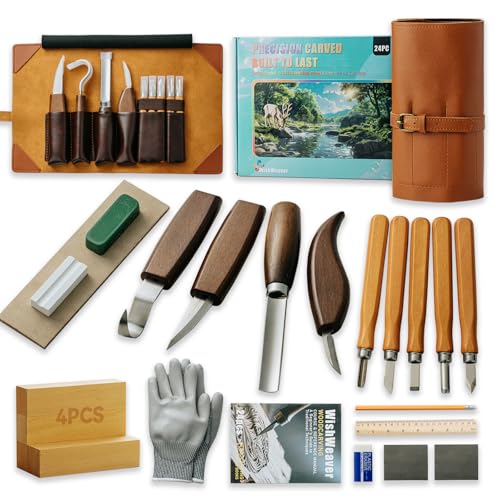 Wood Carving Kit, 24Pcs Wood Carving Tools Set with Leather Storage Bag, Wood Carving Set 4 Wood Carving Knives 5 Chisels 9 Blocks, Whittling Kit for Beginners Enthusiasts Adults Kids Gift DIY